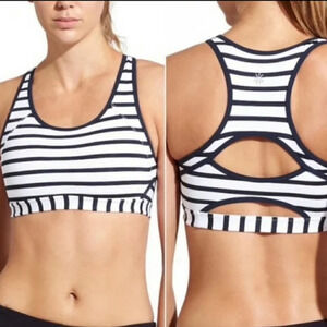 Athleta Womens Sports Bra M White Navy Striped Racerback Crew Neck Logo